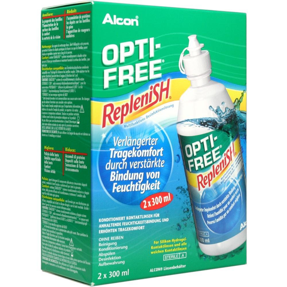 Grüne Verpackung mit einer Flasche Kontaktlinsenlösung der Marke Opti-Free RepleniSH.